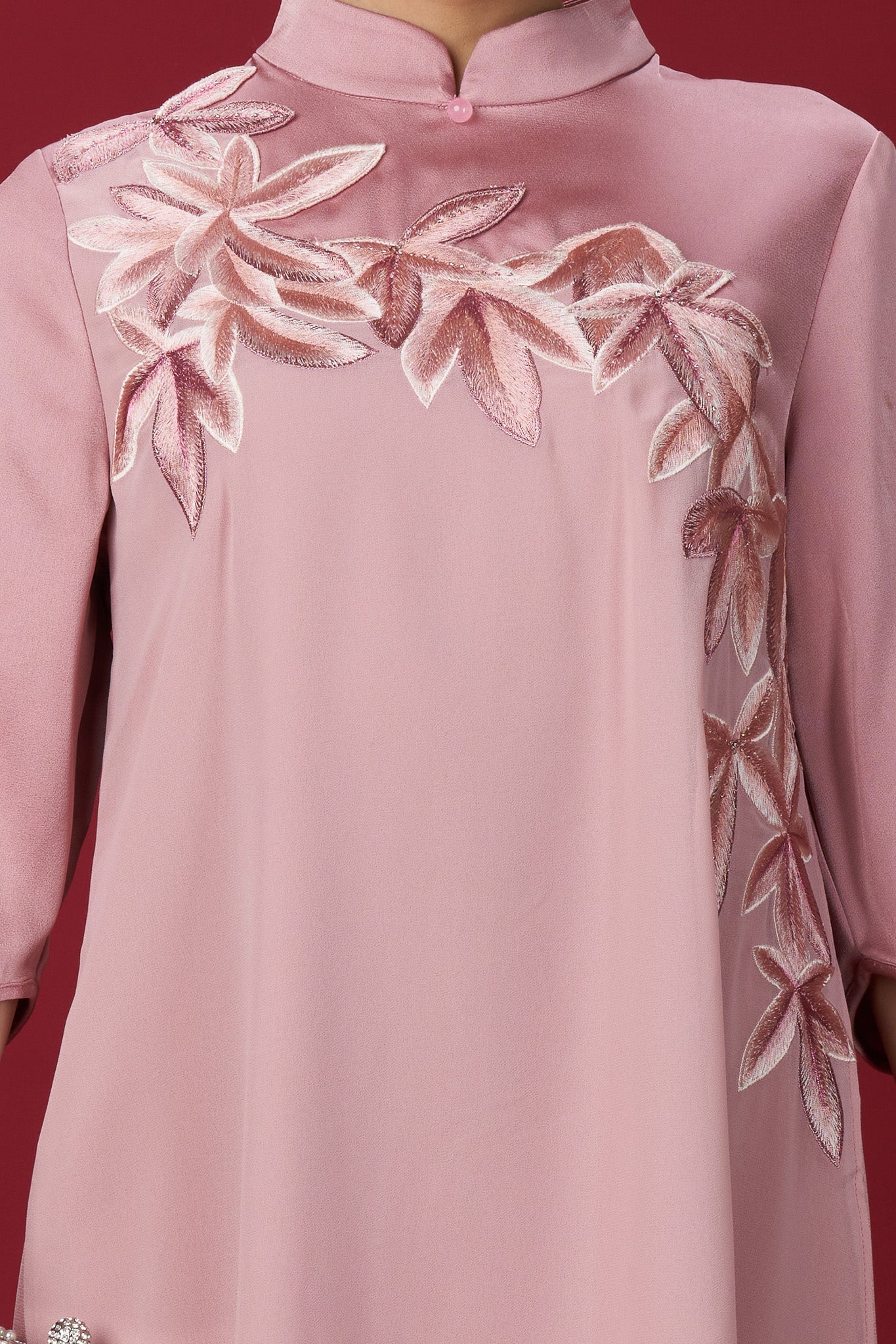 Pink Embroidered Dress with 3/4 Sleeves and Mandarin Collar