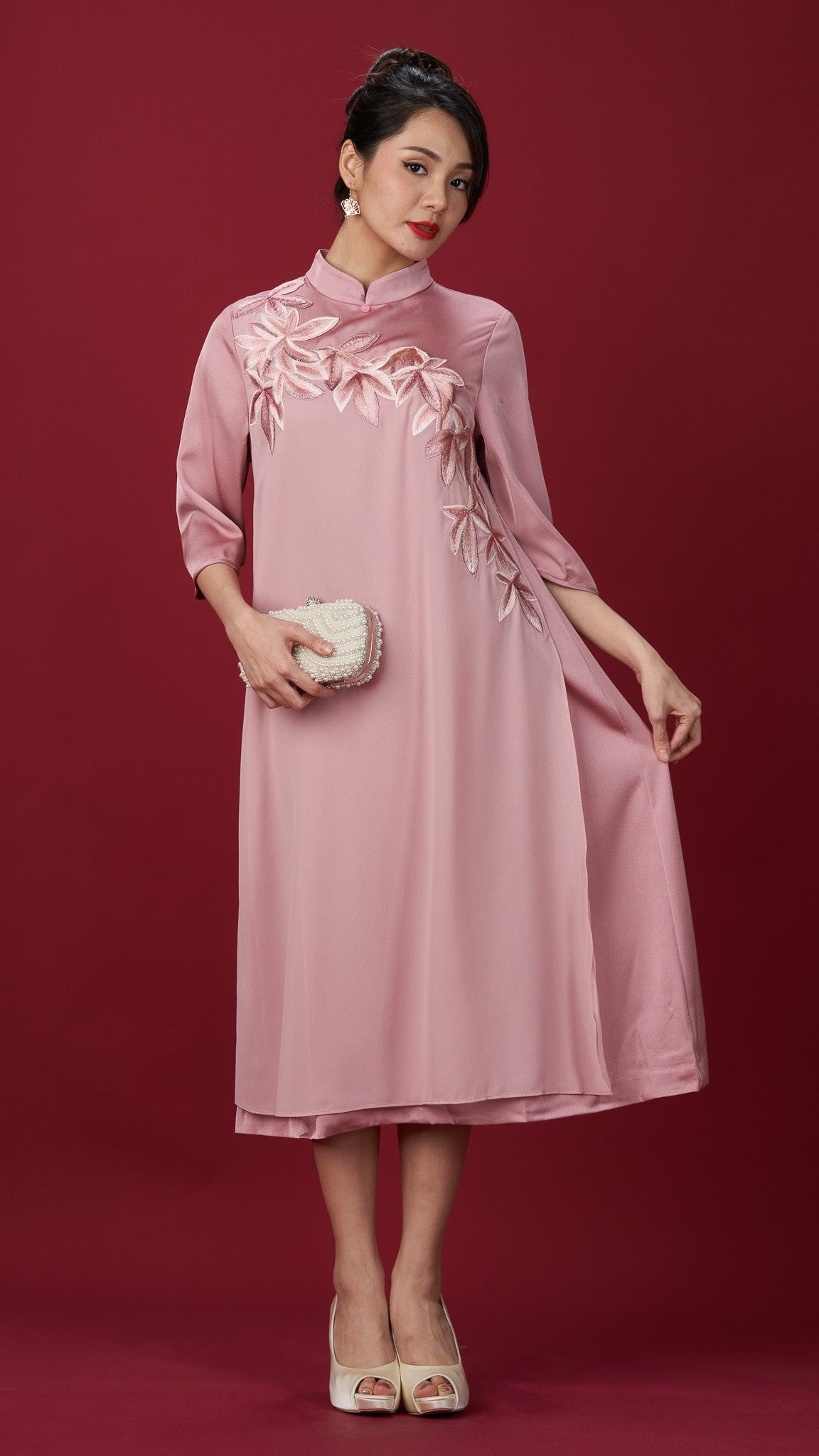 Pink Embroidered Dress with 3/4 Sleeves and Mandarin Collar