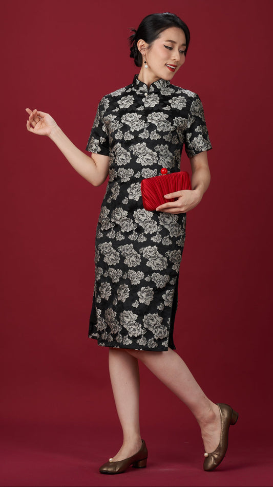 Black & Grey Floral Brocade Cheong Sam