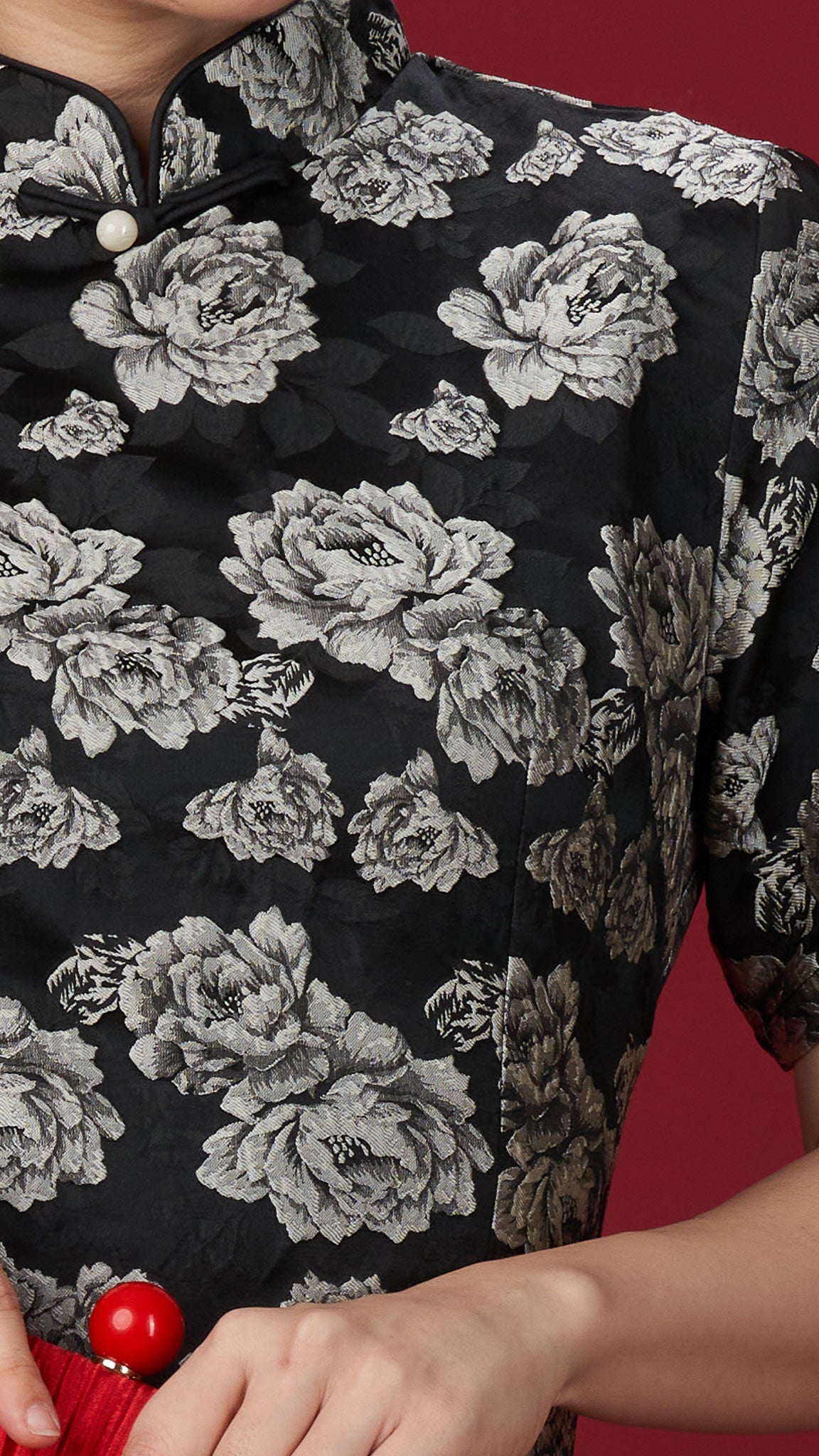 Black & Grey Floral Brocade Cheong Sam