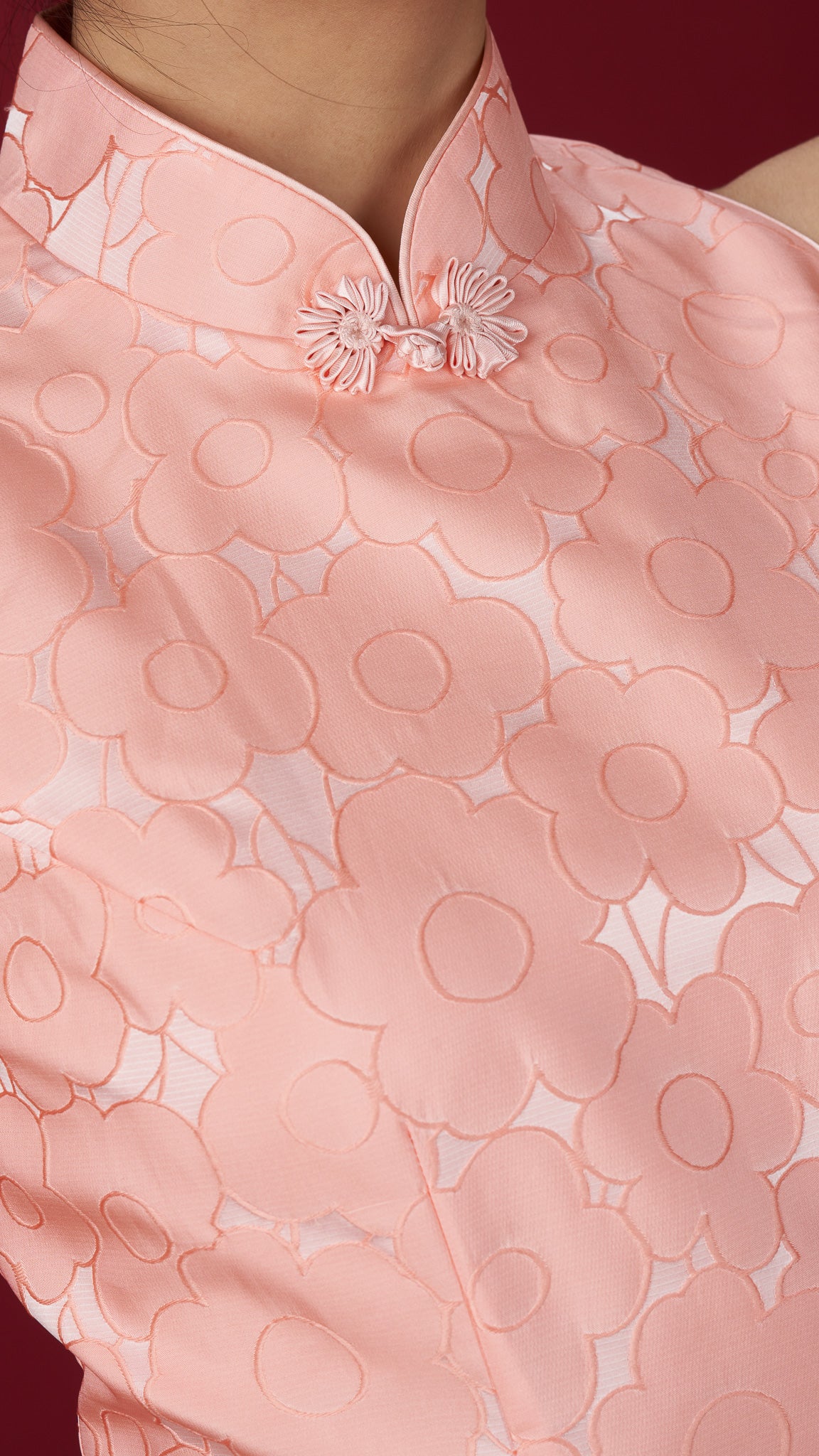 Peach Floral Jacquard Sleeveless Cheong Sam