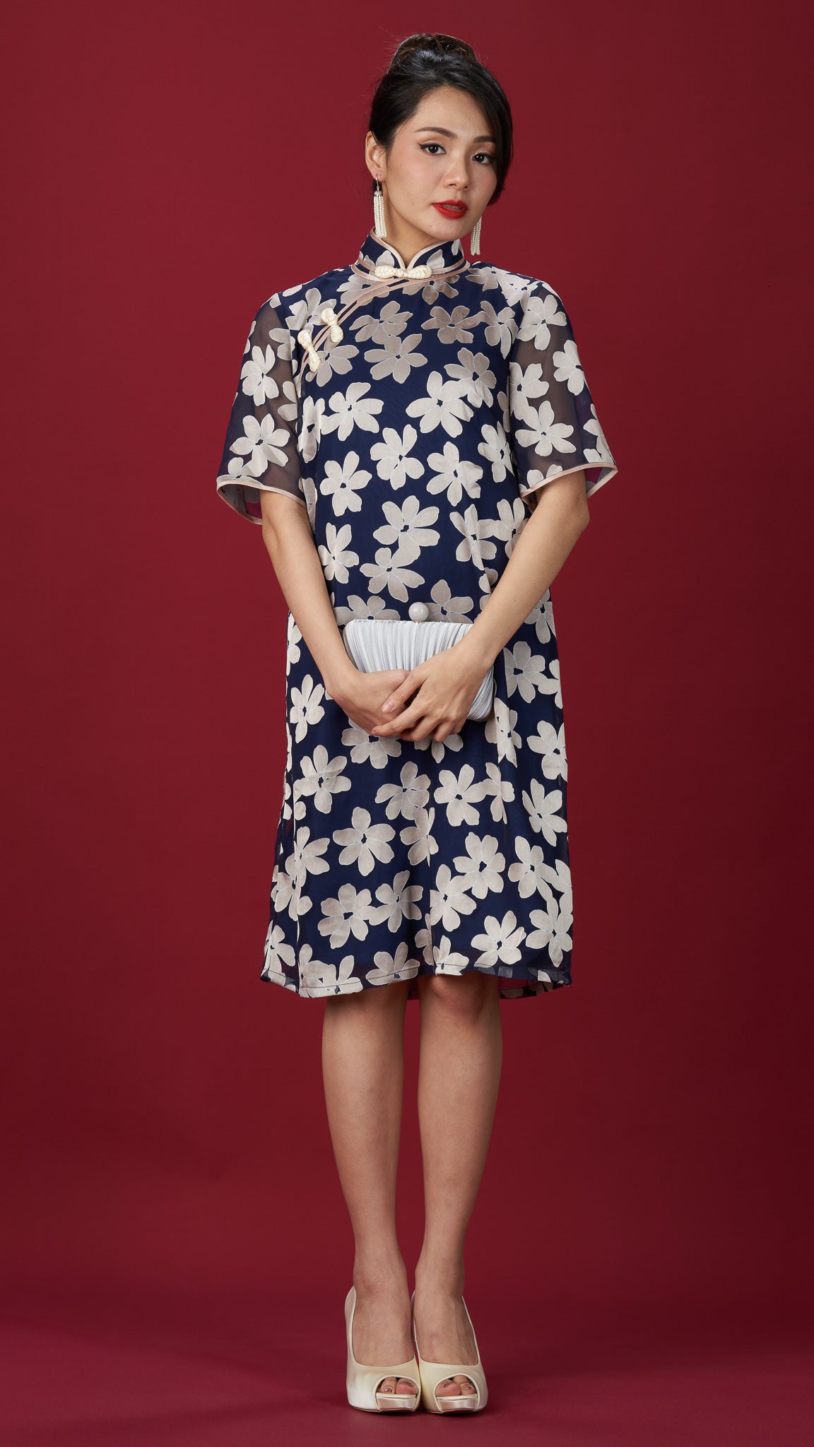 Blue & Beige Floral A-line Organza Cheong Sam Dress