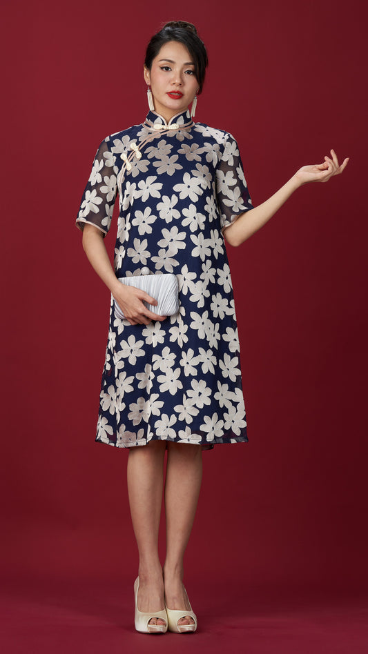 Blue & Beige Floral A-line Organza Cheong Sam Dress
