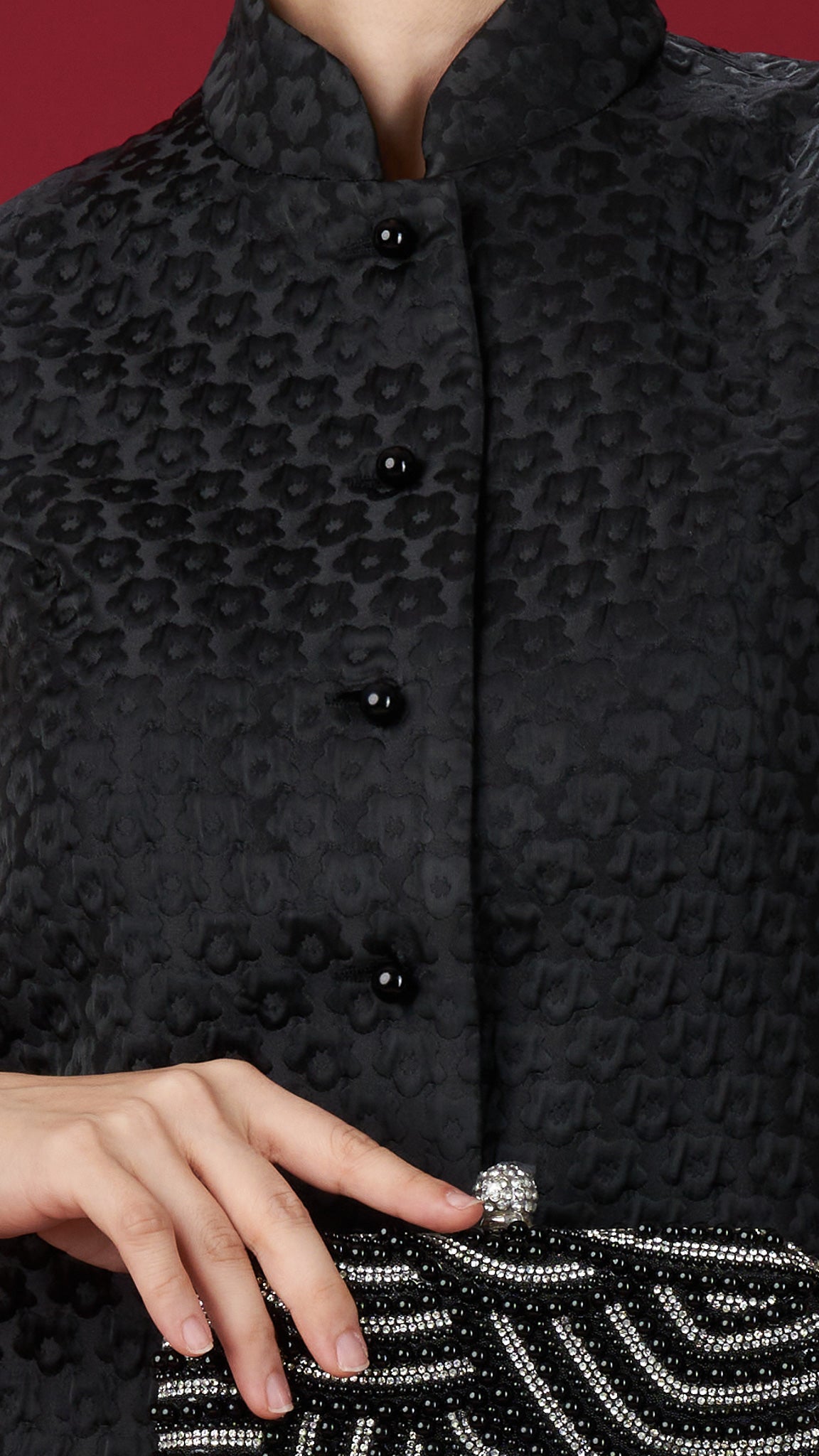 Black Jacquard Sleeveless Top With Mandarin Collar