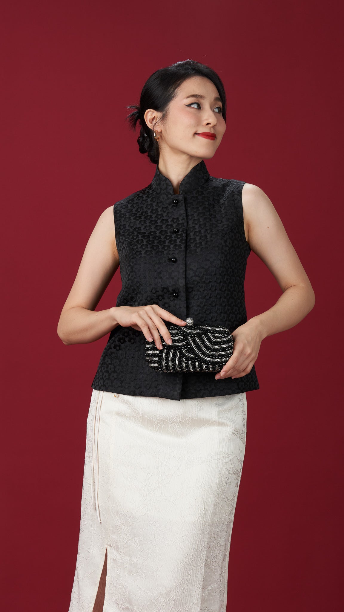 Black Jacquard Sleeveless Top With Mandarin Collar