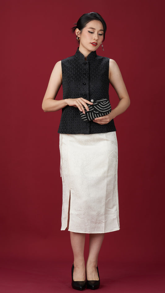 Black Jacquard Sleeveless Top With Mandarin Collar