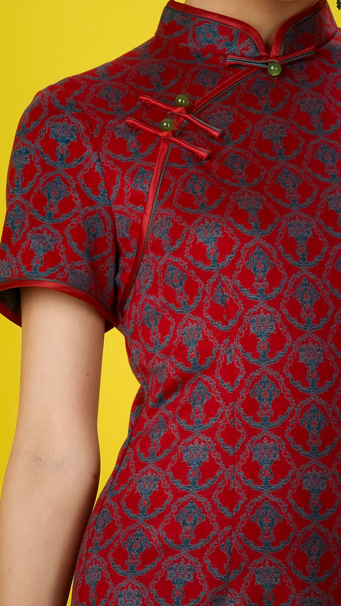 Patterned Red Cotton Stretch Cheong Sam