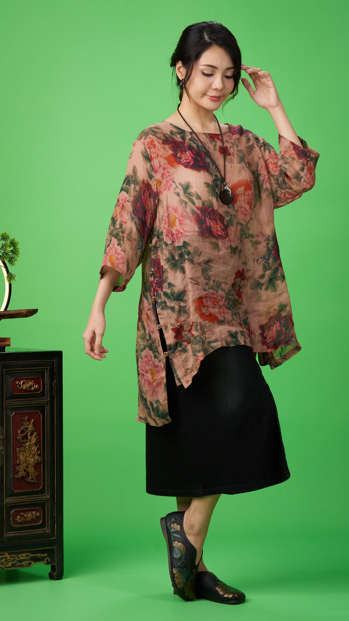 Beige Floral Print Linen Long Tunic Top