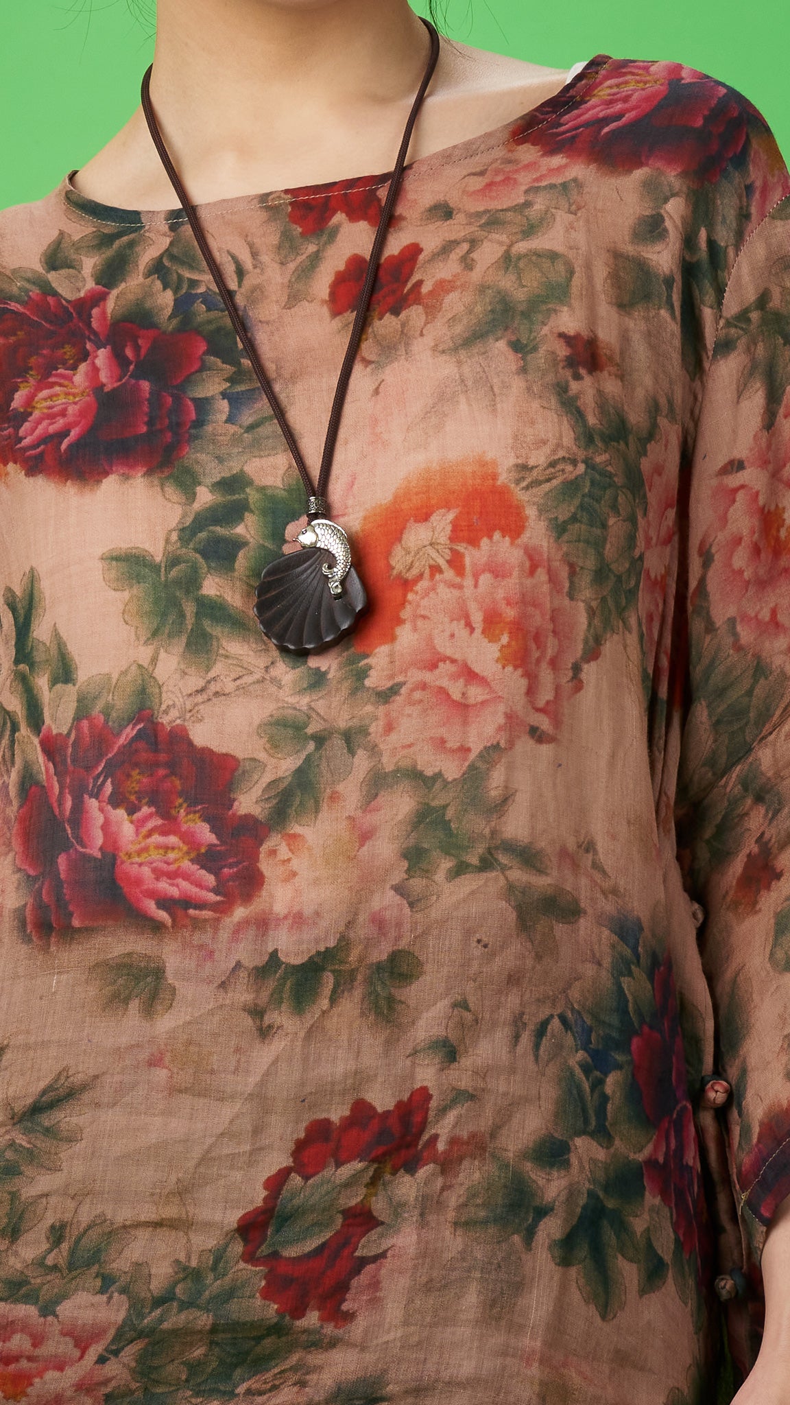 Beige Floral Print Linen Long Tunic Top