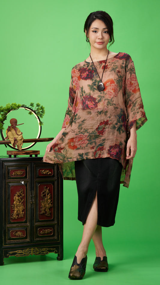 Beige Floral Print Linen Long Tunic Top