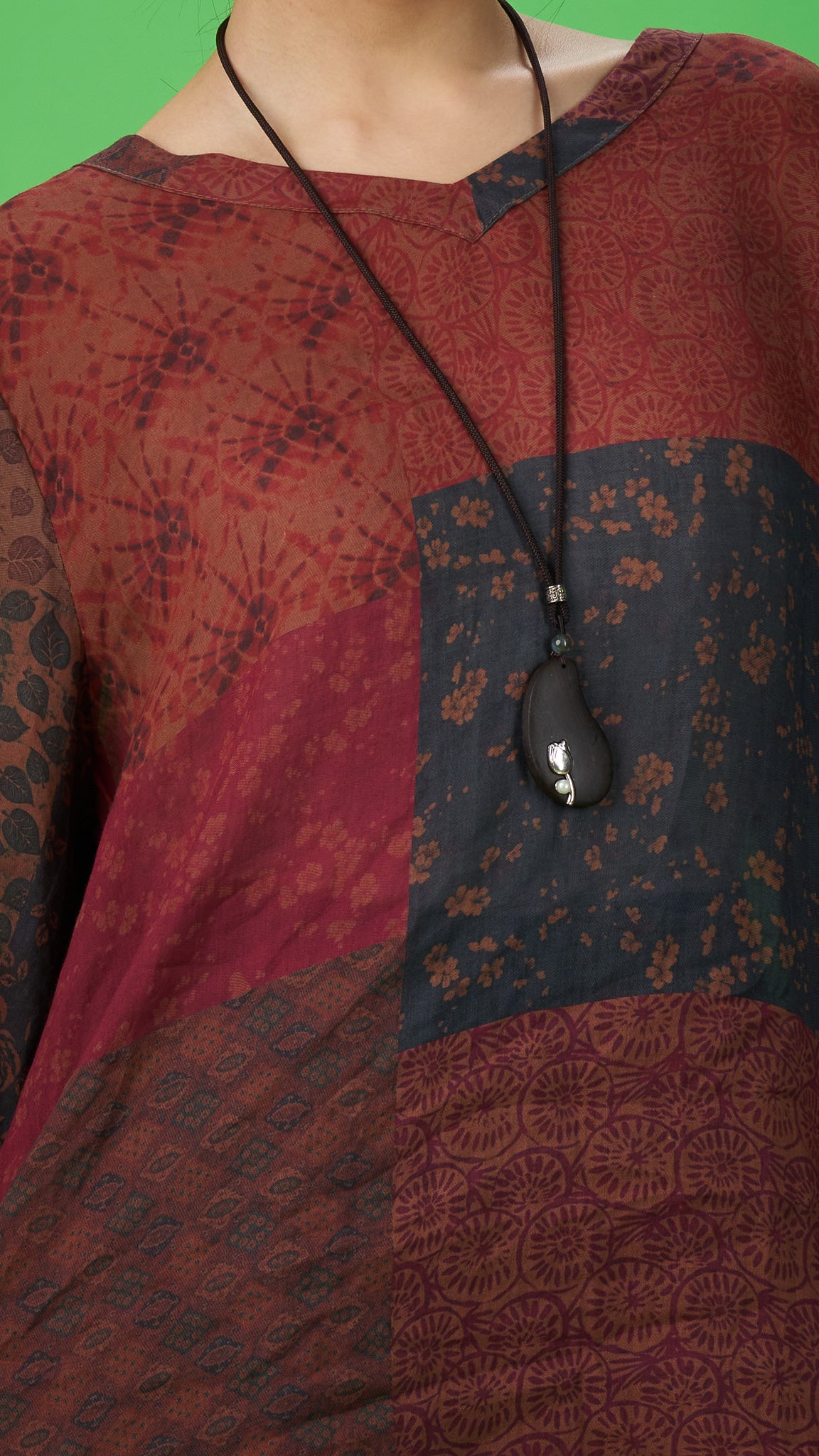Maroon Floral Patchwork Print Linen Tunic Top