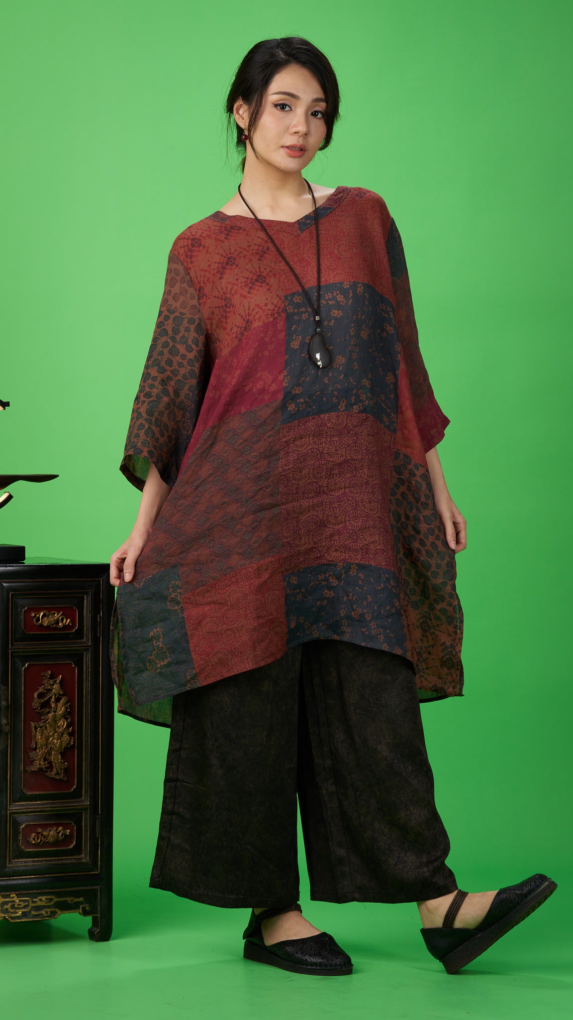 Maroon Floral Patchwork Print Linen Tunic Top