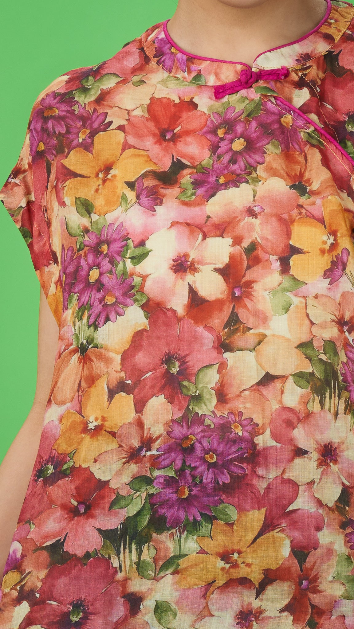 Orange Floral Print Linen Drop-shoulder Top
