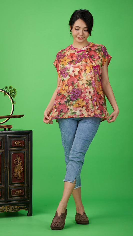 Orange Floral Print Linen Drop-shoulder Top
