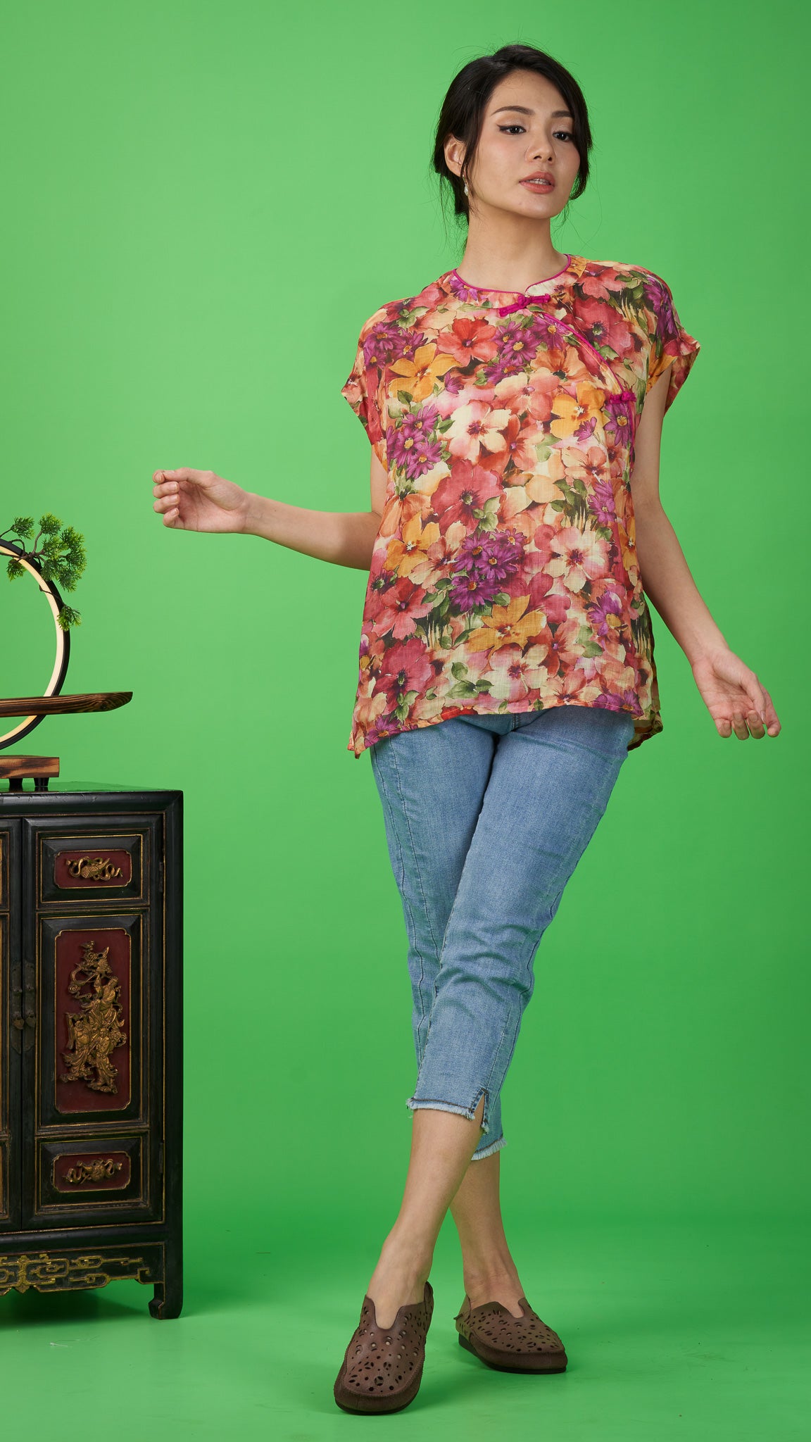 Orange Floral Print Linen Drop-shoulder Top
