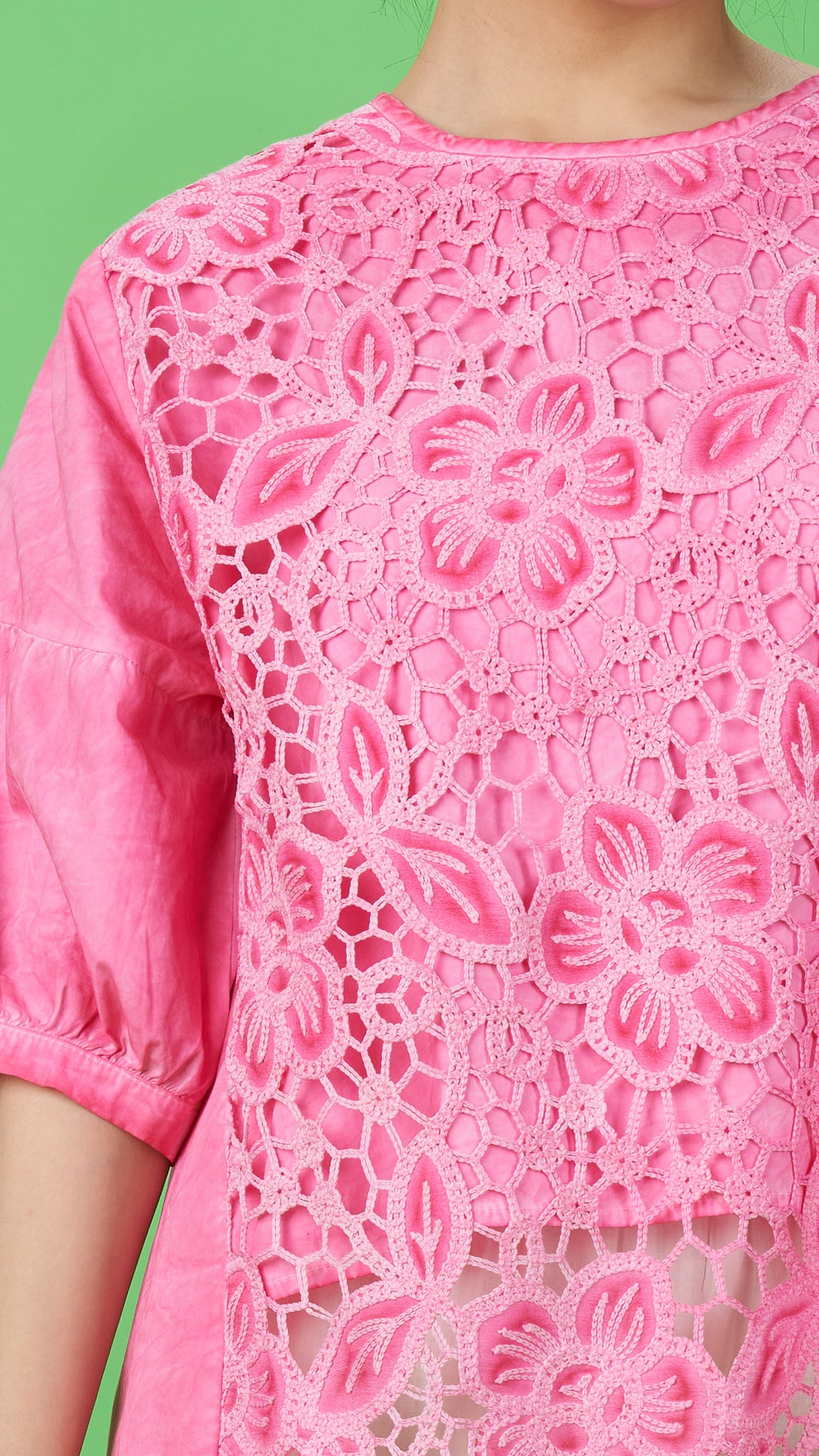 Hot Pink Floral Lace Cotton Blouse Top