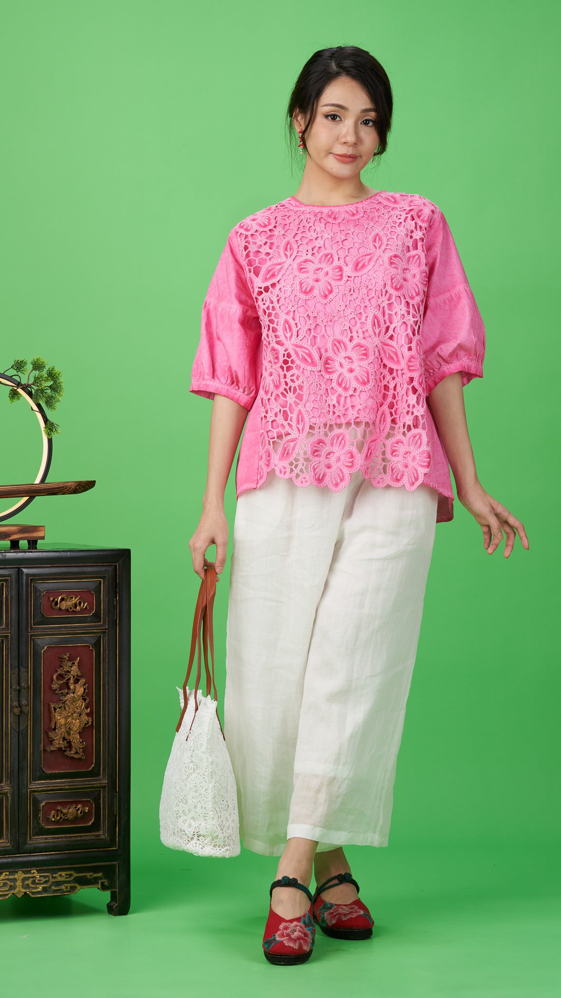 Hot Pink Floral Lace Cotton Blouse Top
