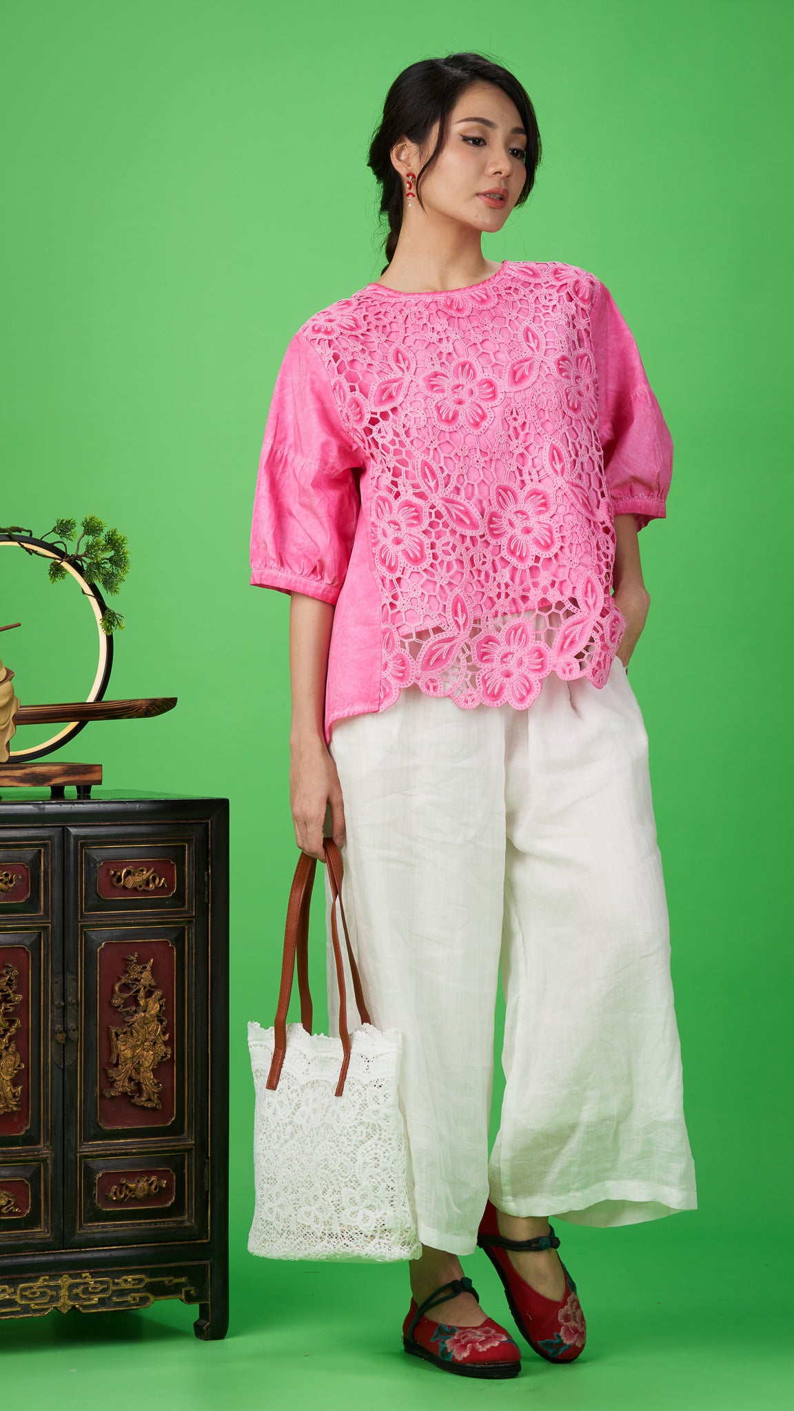 Hot Pink Floral Lace Cotton Blouse Top