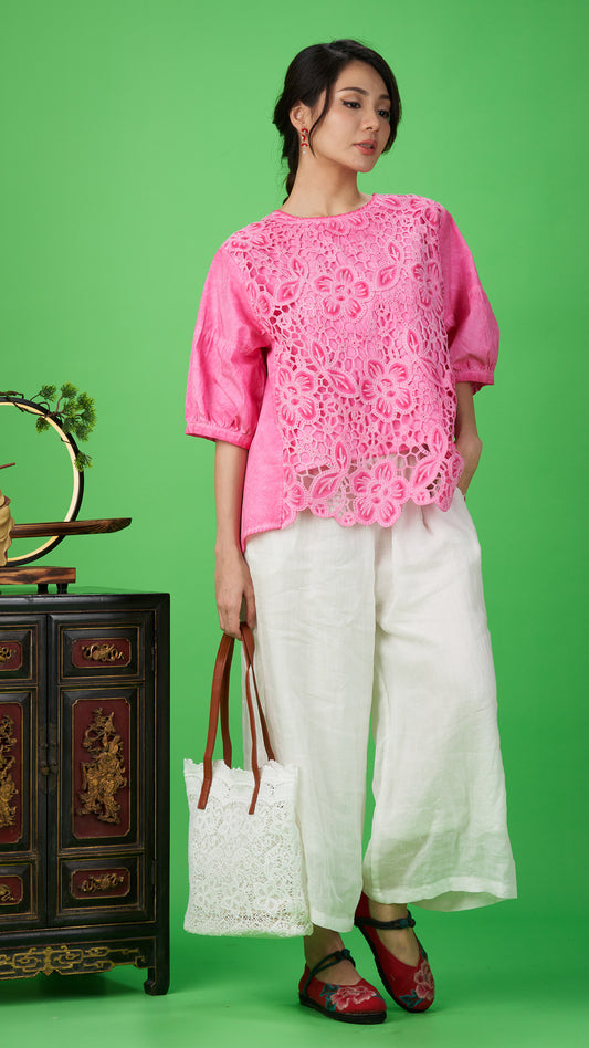 Hot Pink Floral Lace Cotton Blouse Top