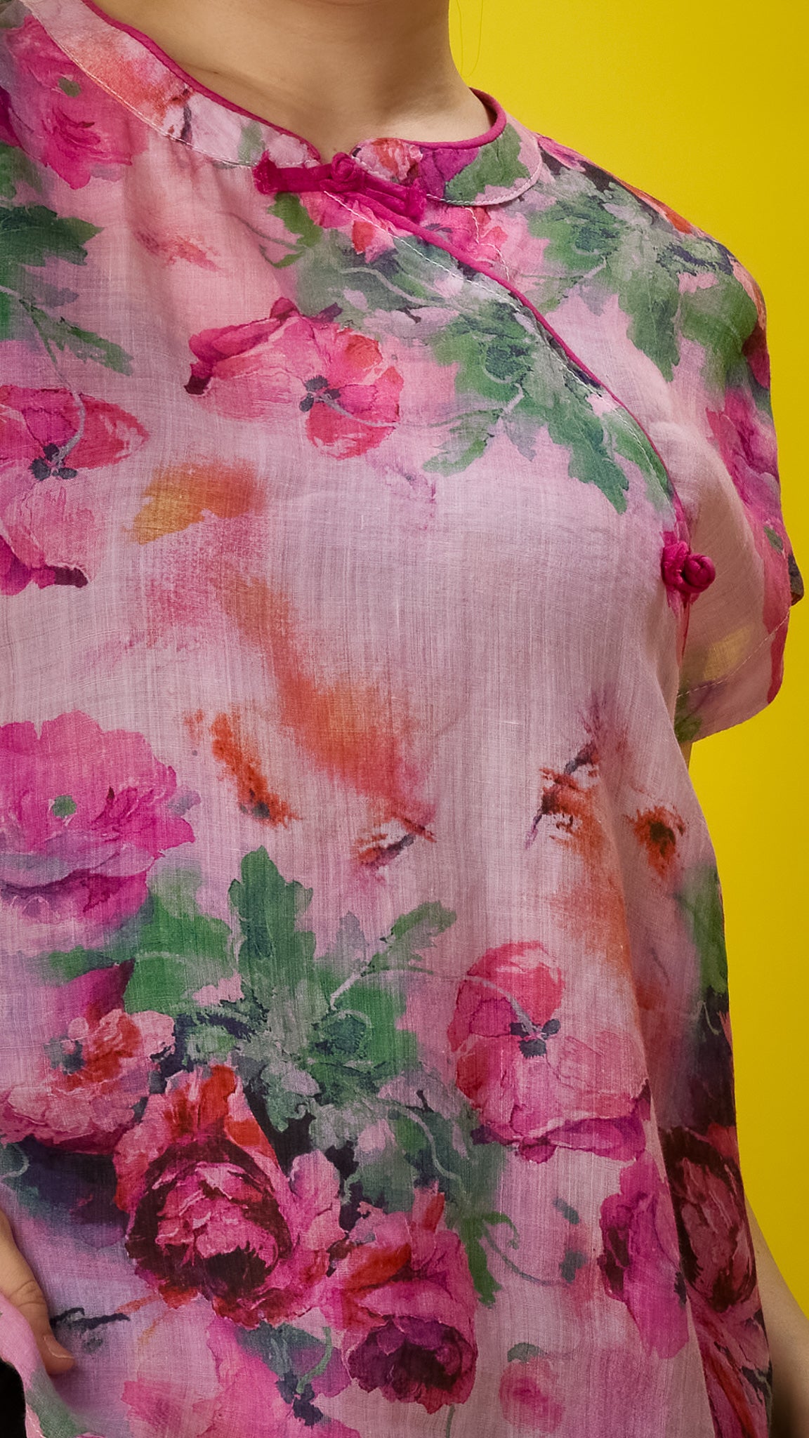 Pink Floral Print Linen Drop-shoulder Top