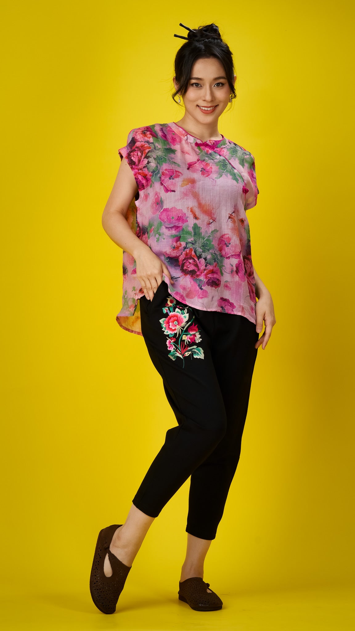 Pink Floral Print Linen Drop-shoulder Top