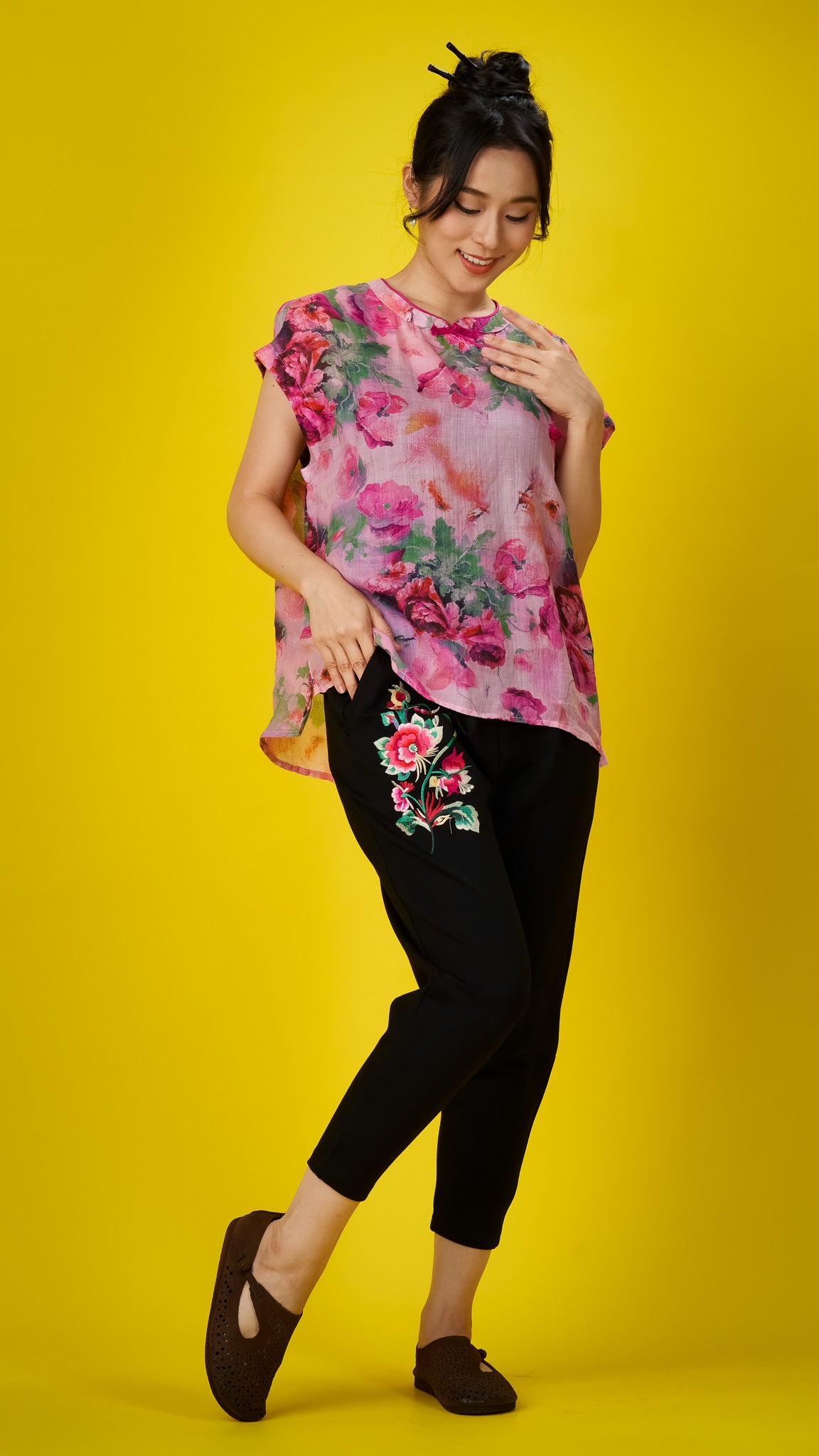 Pink Floral Print Linen Drop-shoulder Top
