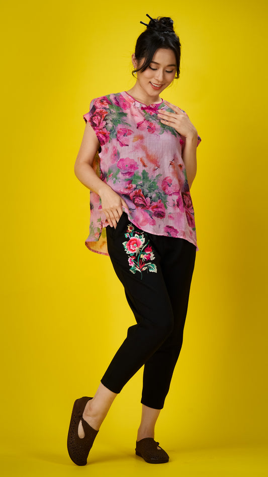 Pink Floral Print Linen Drop-shoulder Top