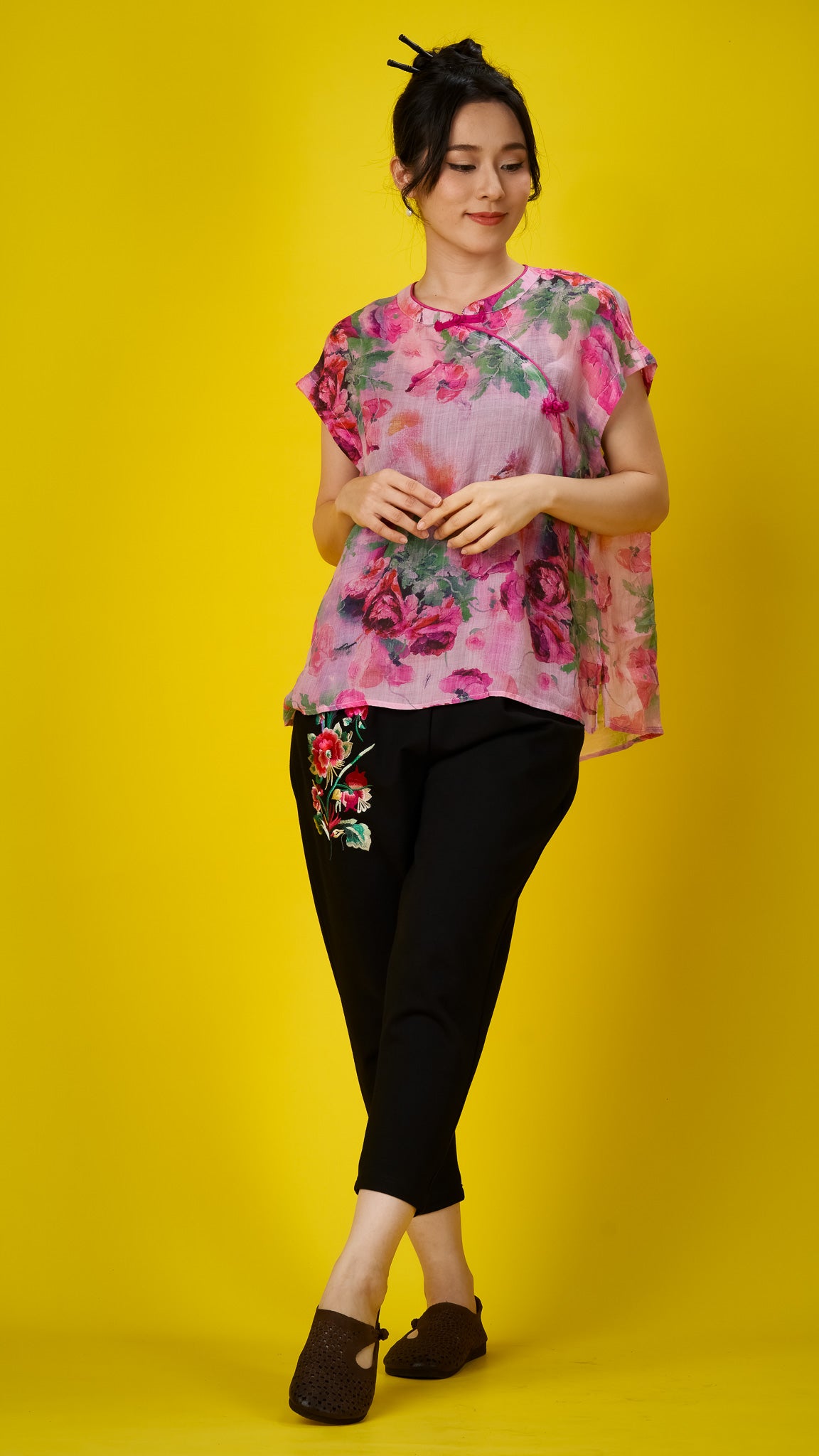 Pink Floral Print Linen Drop-shoulder Top