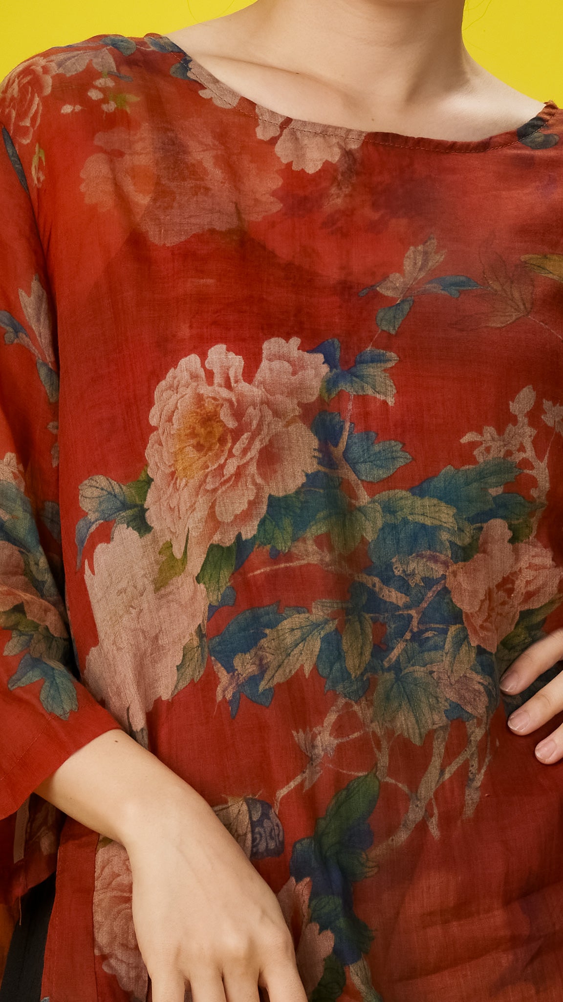Maroon Floral Print Linen Long Tunic Top