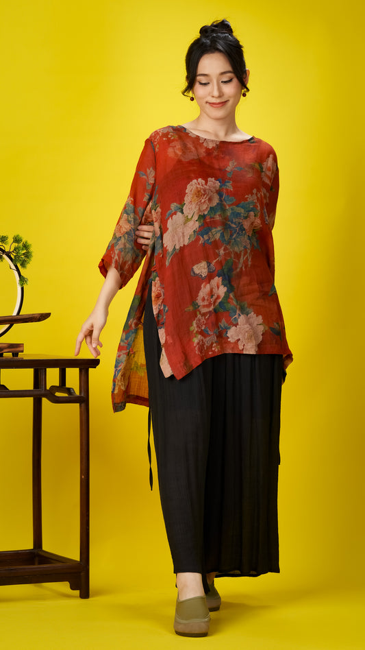 Maroon Floral Print Linen Long Tunic Top