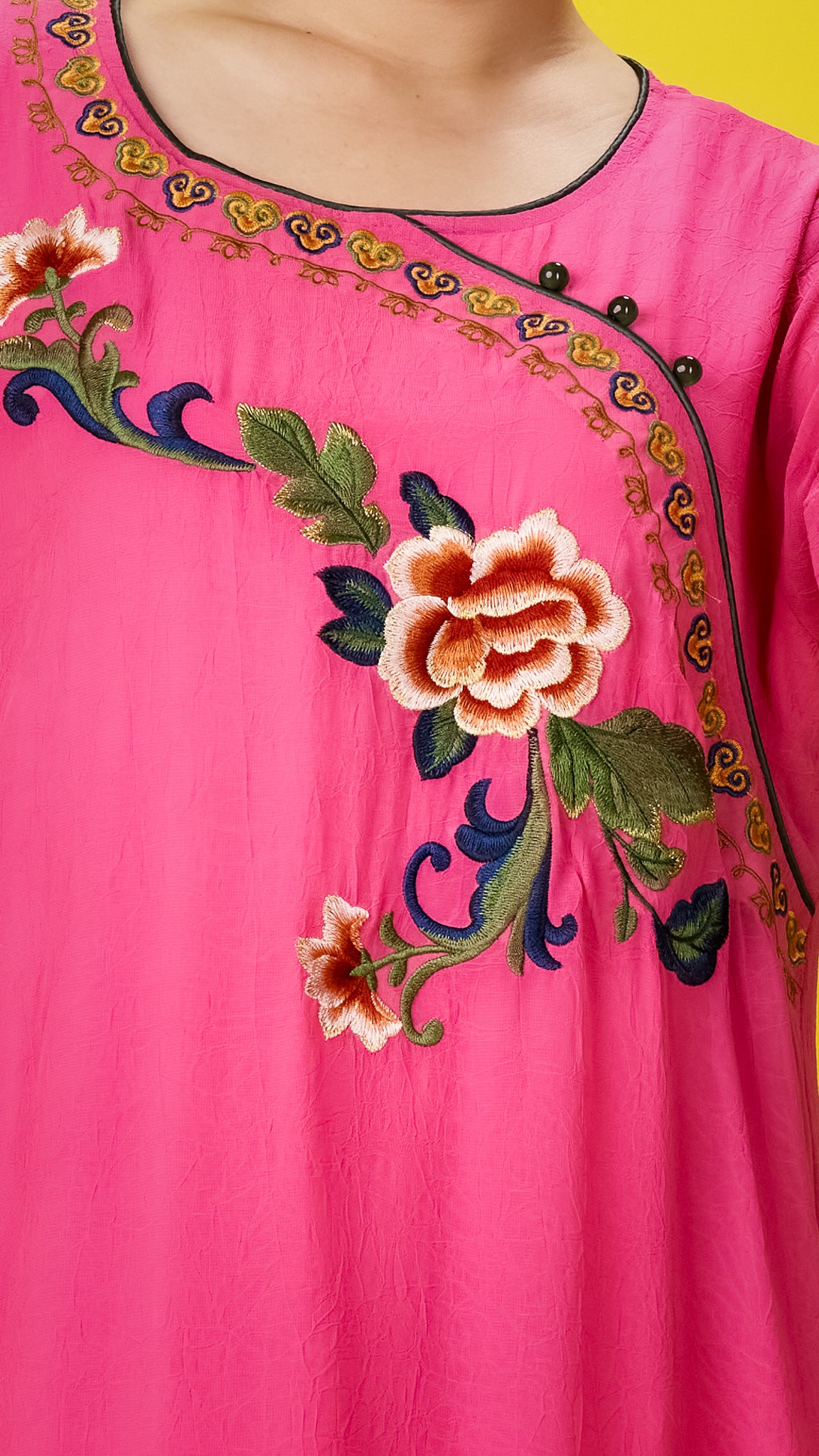 Floral Embroidered Fuchsia Chiffon Dress