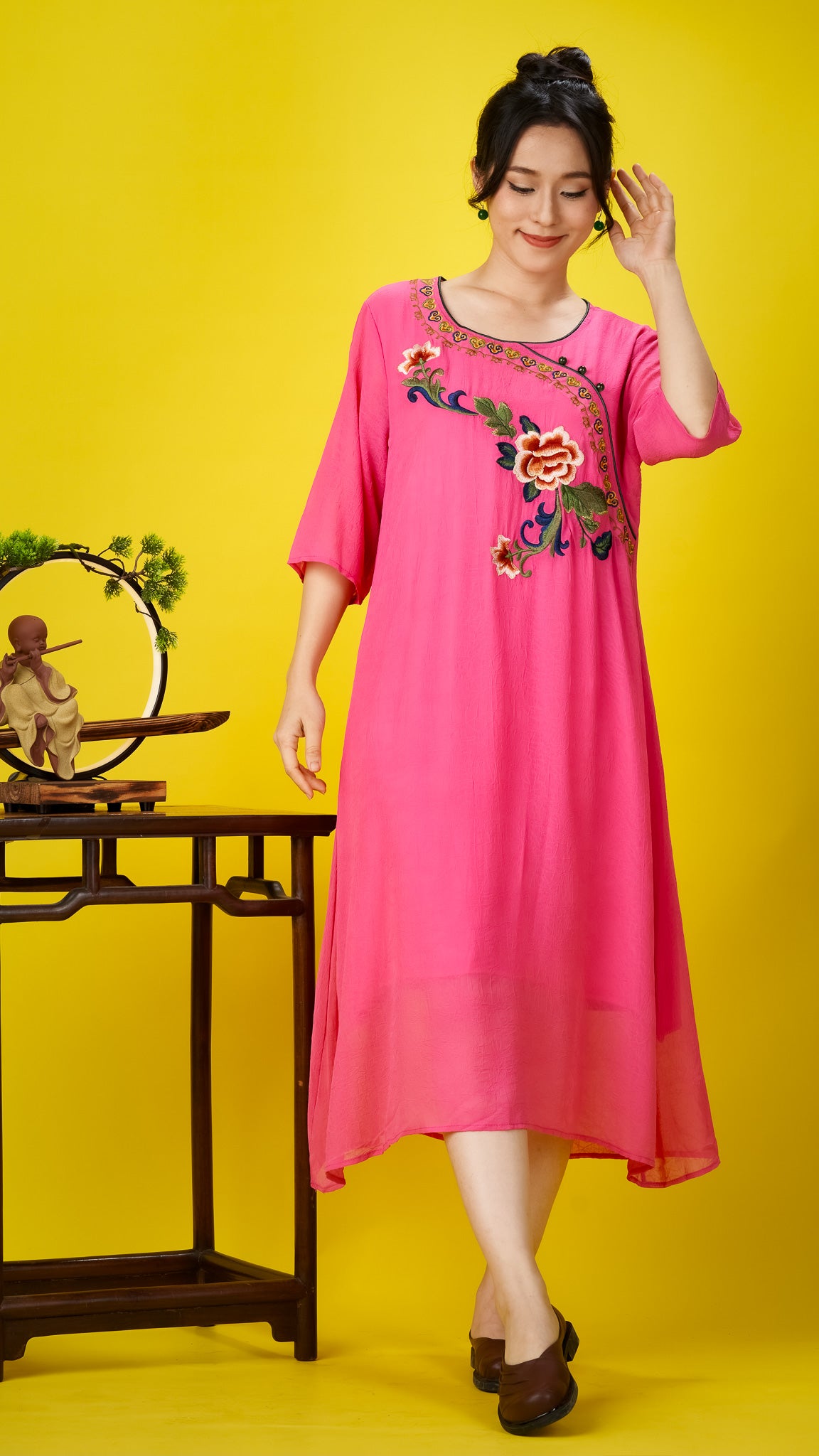 Floral Embroidered Fuchsia Chiffon Dress