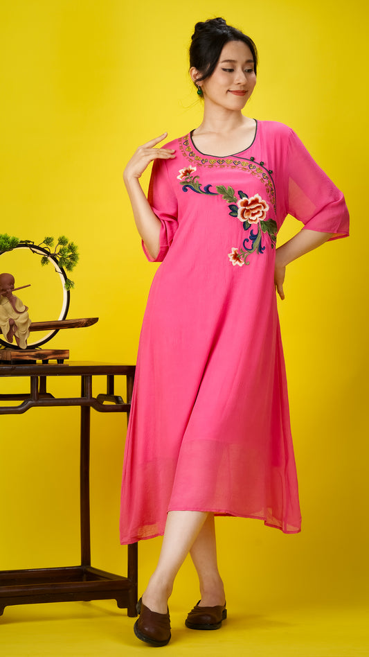 Floral Embroidered Fuchsia Chiffon Dress