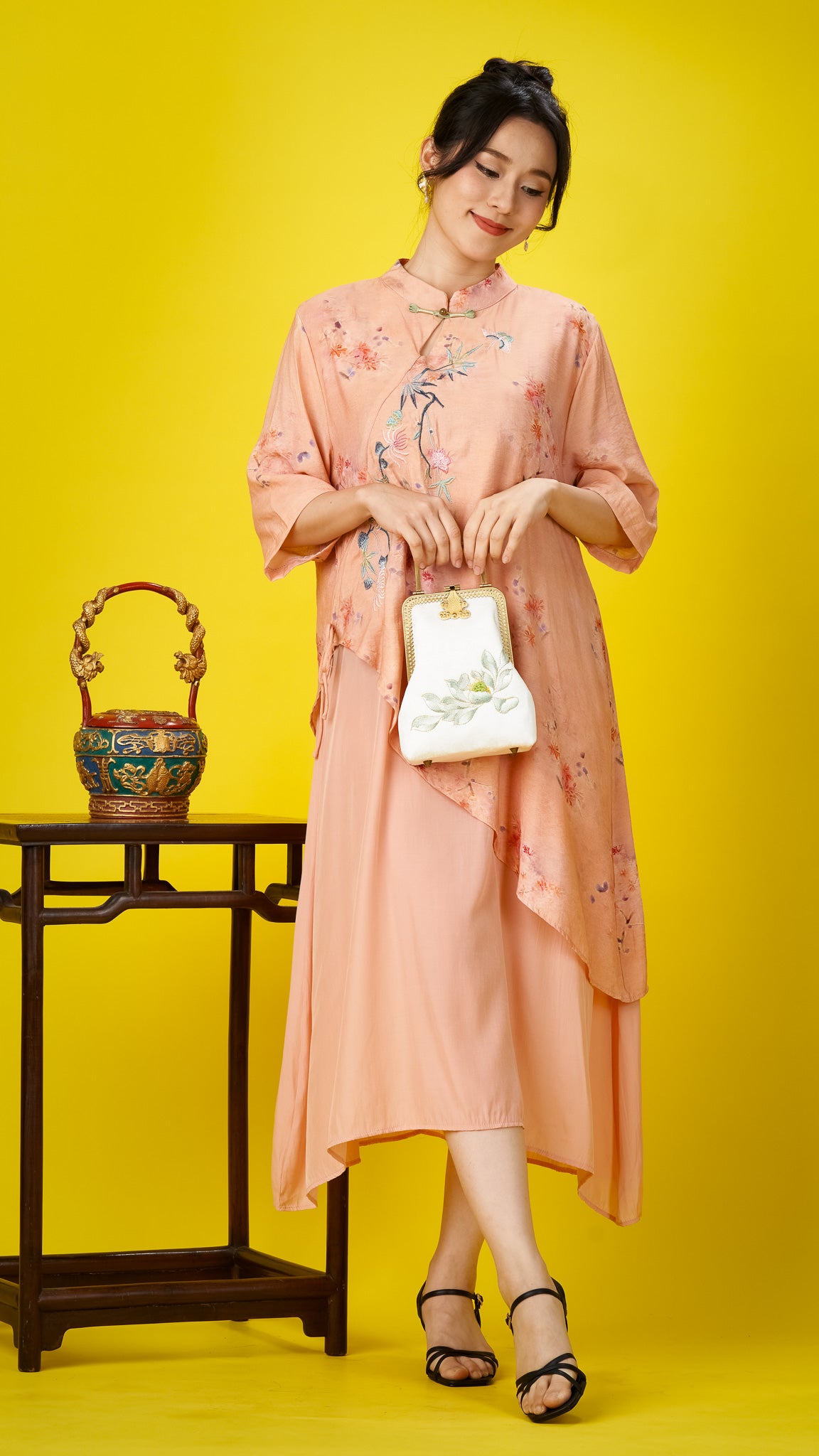 Peach Floral Embroidered Cotton Dress with Mandarin Collar