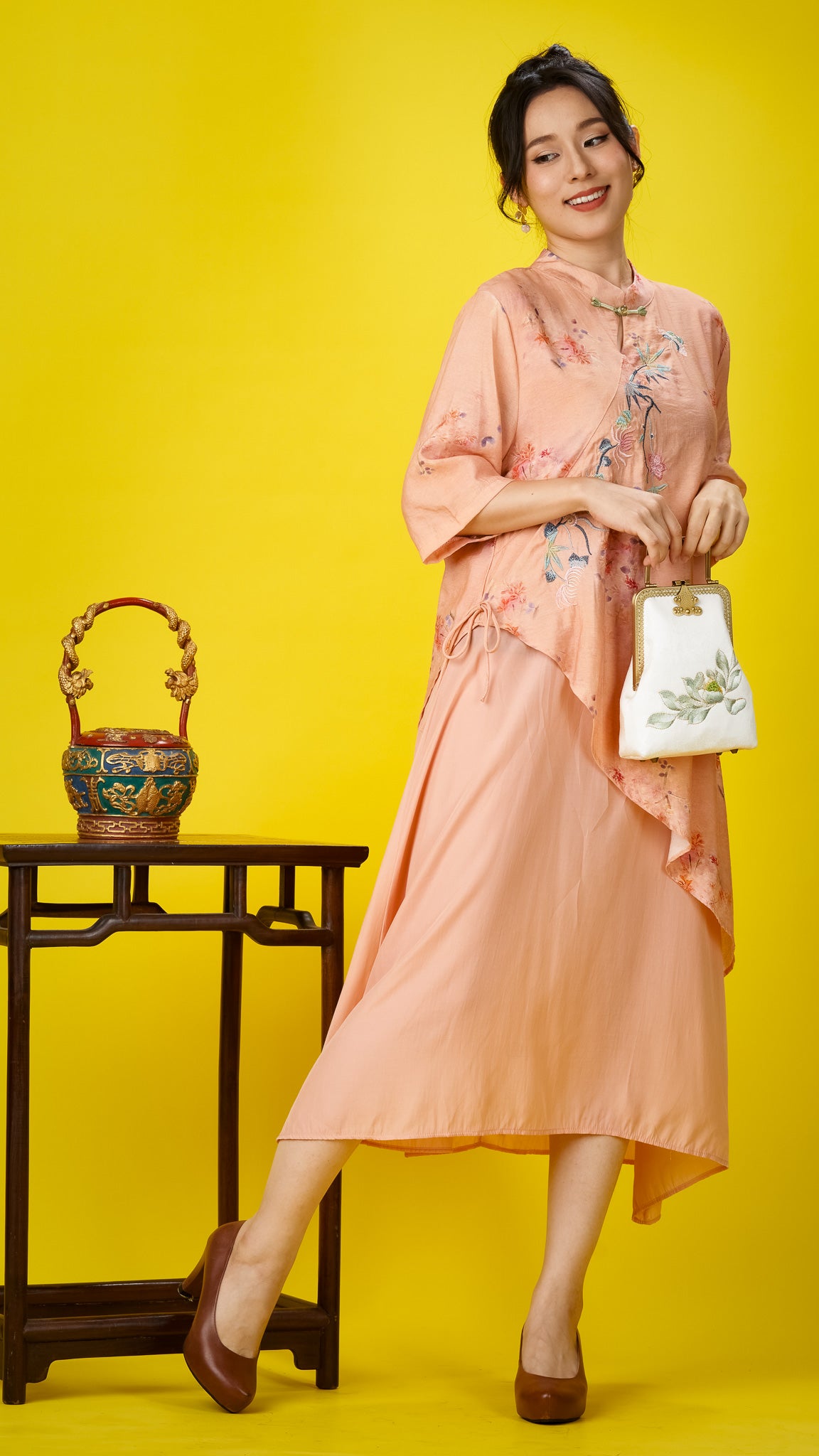 Peach Floral Embroidered Cotton Dress with Mandarin Collar
