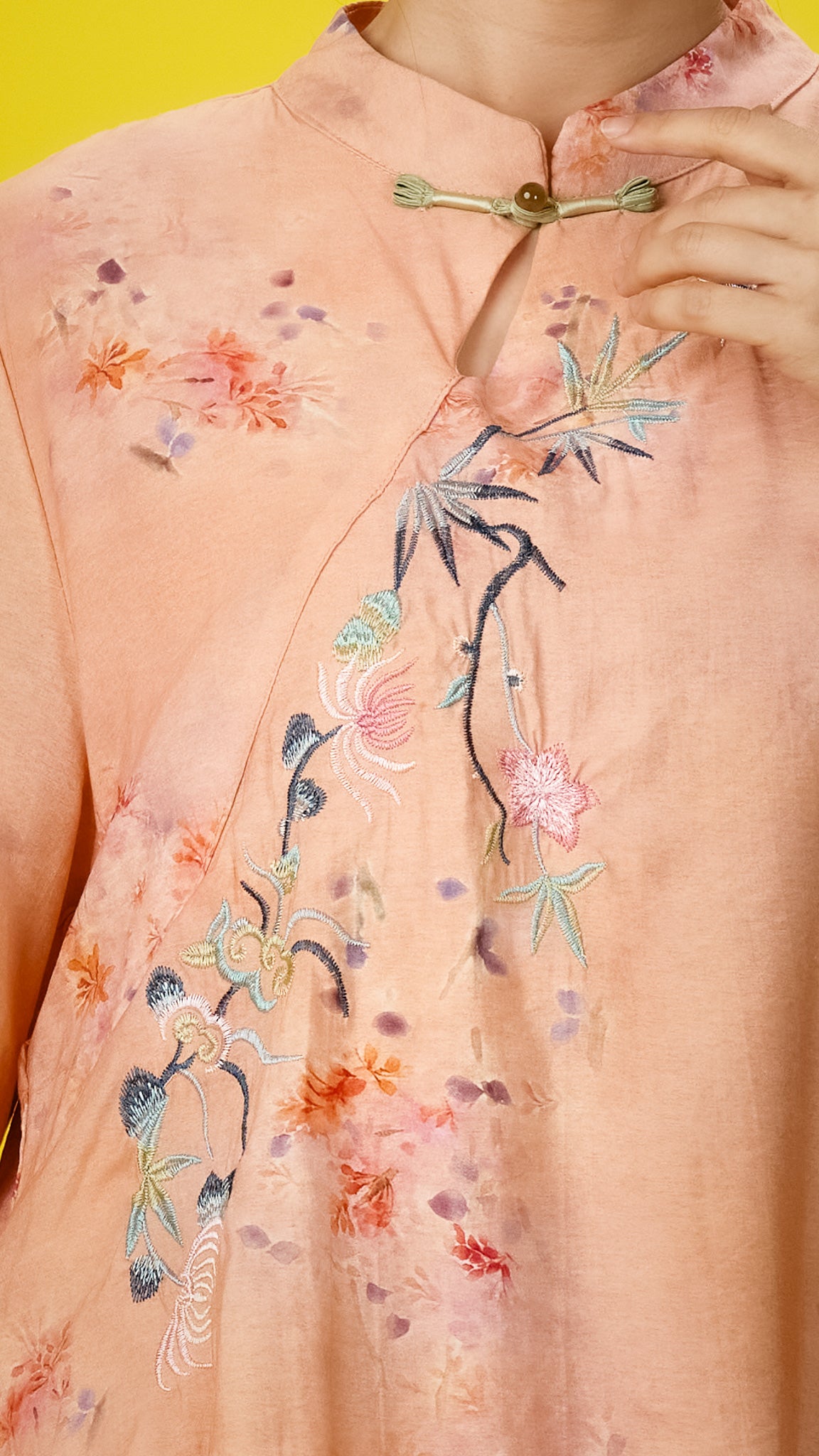 Peach Floral Embroidered Cotton Dress with Mandarin Collar