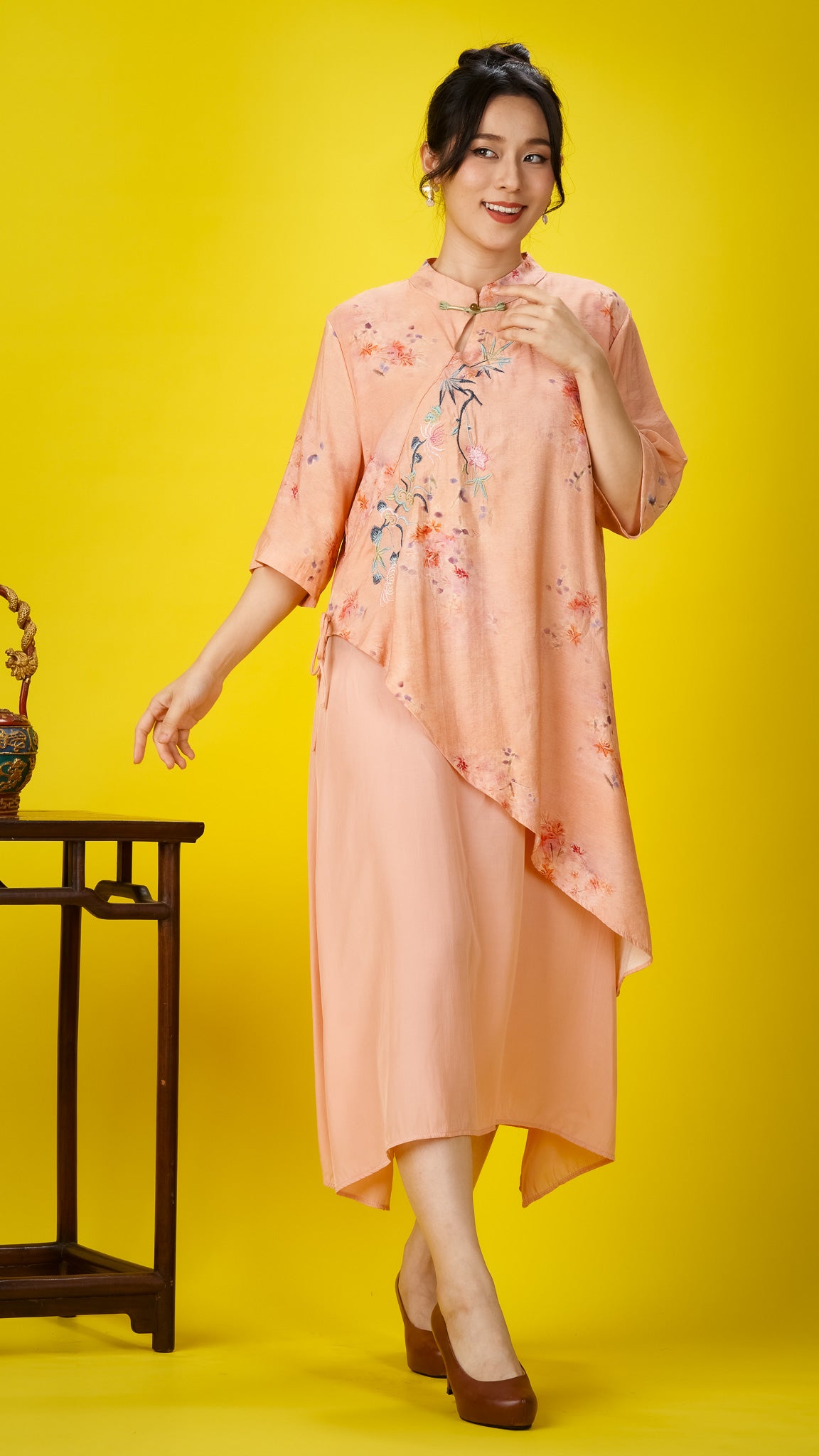 Peach Floral Embroidered Cotton Dress with Mandarin Collar