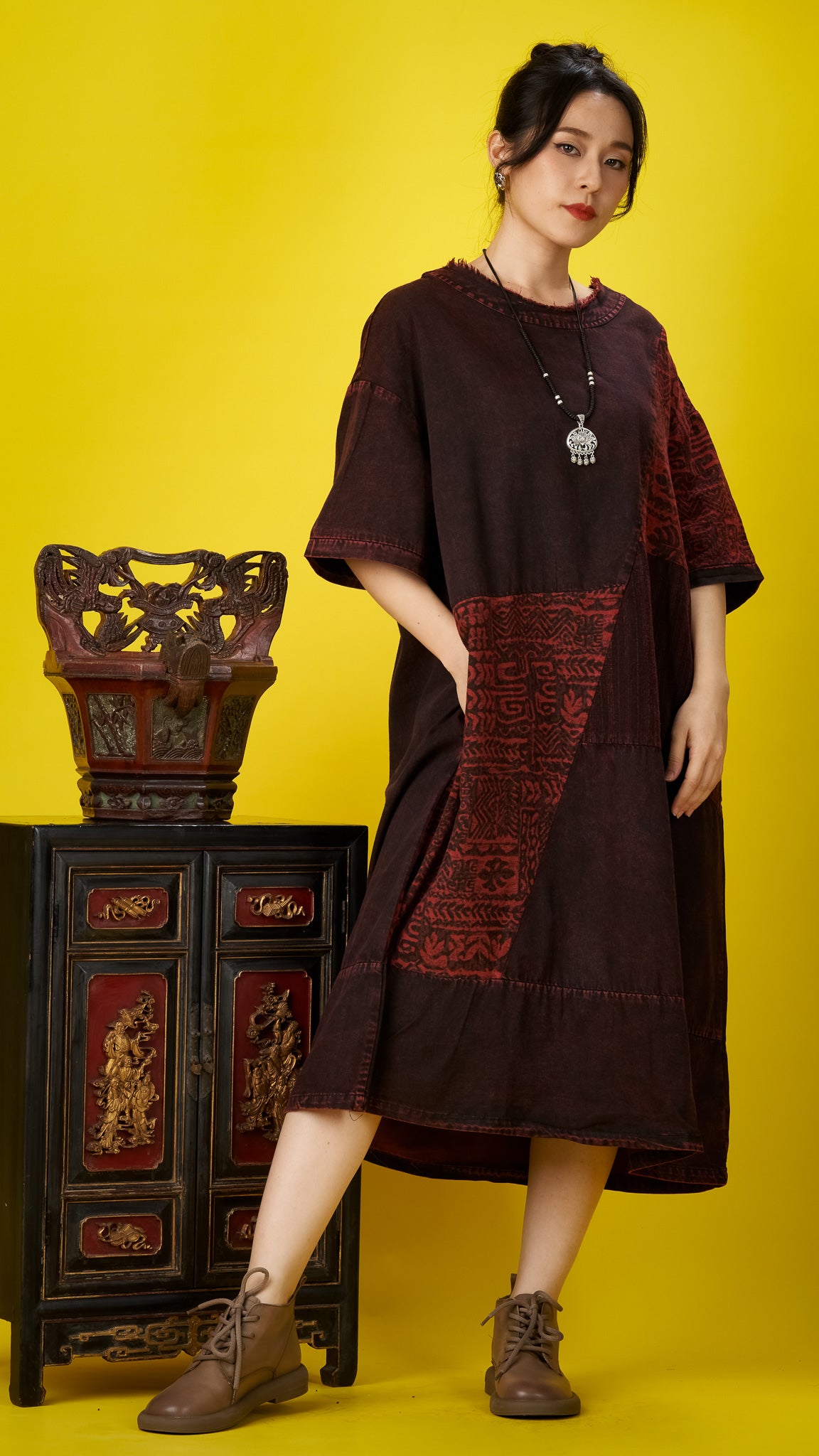 Oversized Maroon & Brown Stone-washed Dress