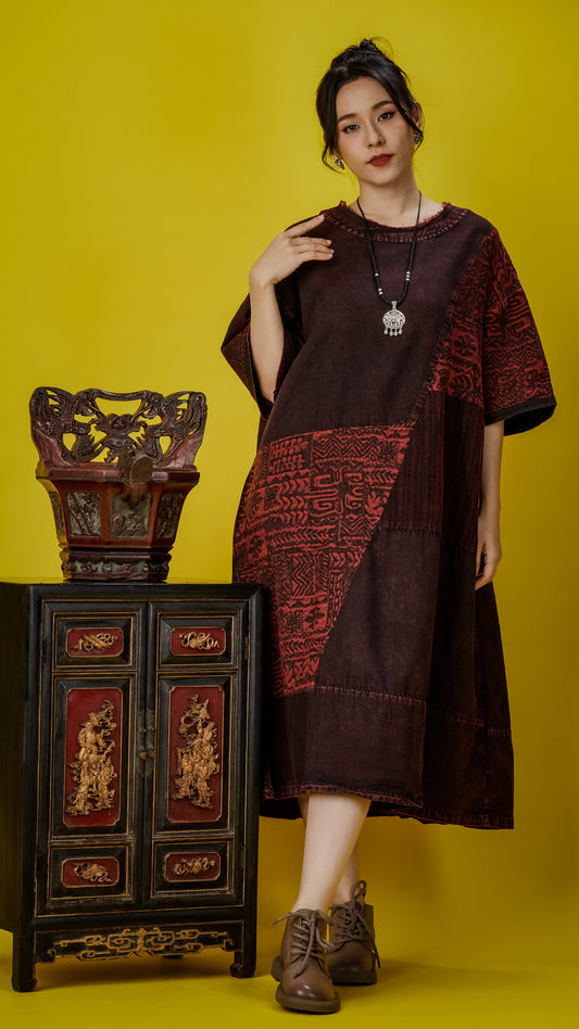 Oversized Maroon & Brown Stone-washed Dress