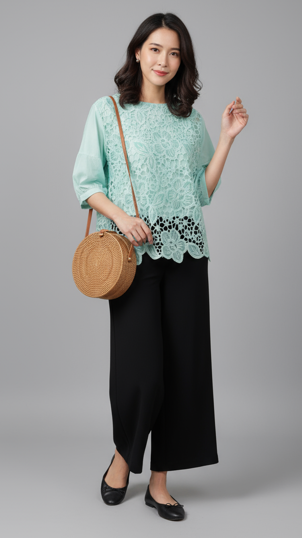 Mint Floral Lace Cotton Blouse Top