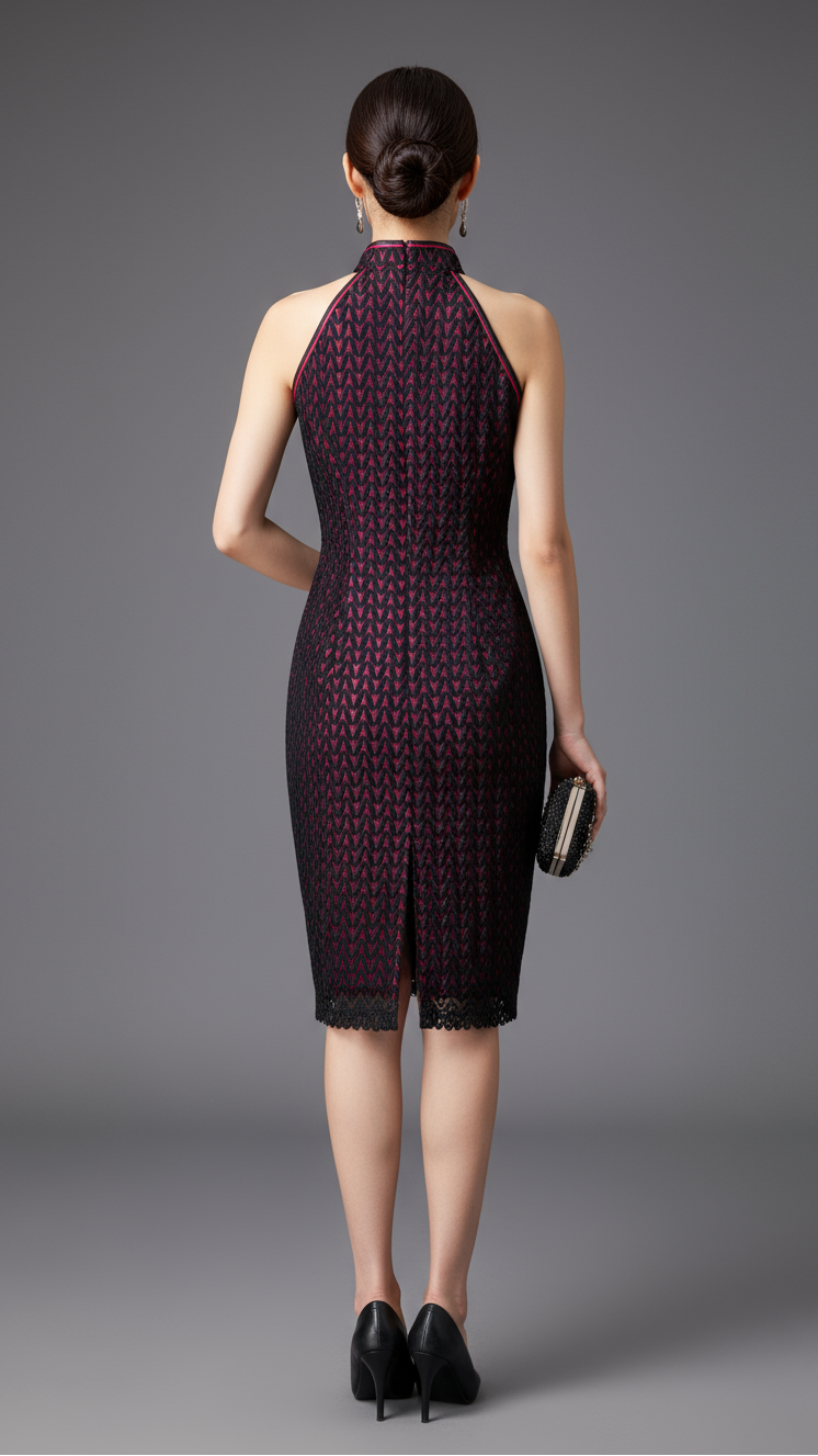 Black Lace Fuchsia Lined Halter Neck Cheong Sam