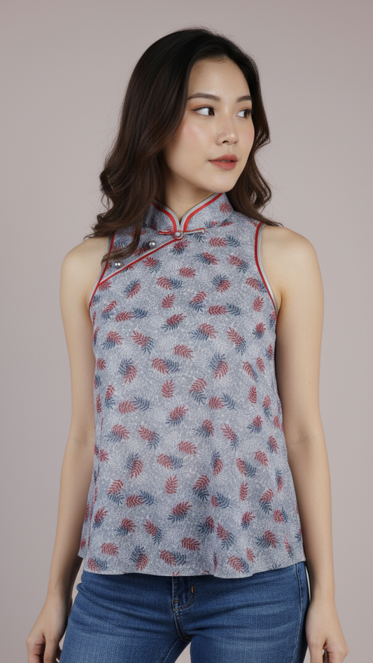 30% Off - Grey Floral Netting Flare Sleeveless Top With Mandarin Collar