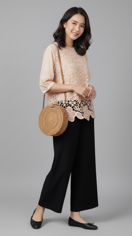 Light Beige Floral Lace Cotton Blouse Top