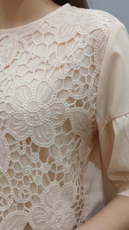 Light Beige Floral Lace Cotton Blouse Top