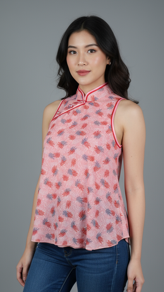 30% Off - Pink Floral Netting Flare Sleeveless Top With Mandarin Collar