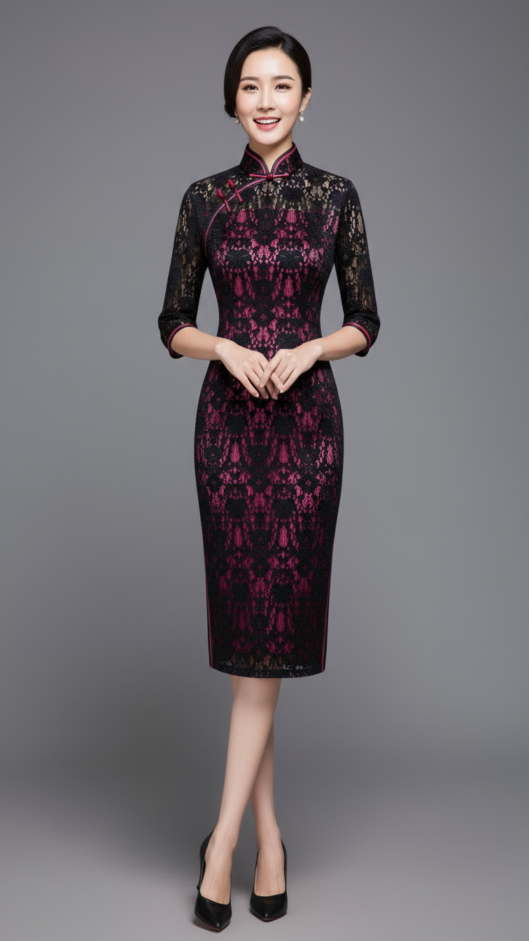 Black Velvet Lace Fuchsia Lined Cheong Sam