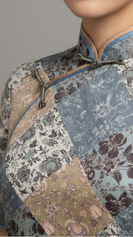 Classic Pastel Green & Yellow Textured Jacquard Floral Patchwork Cheong Sam