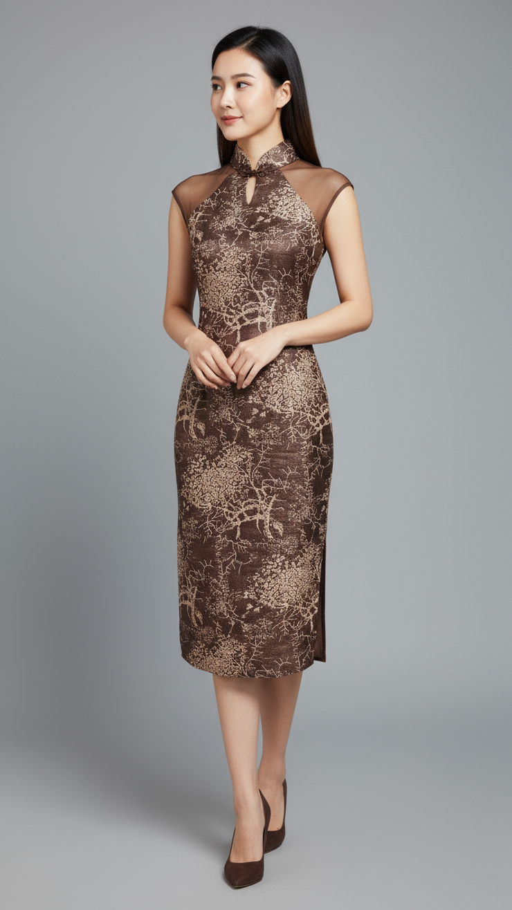 Bronze & Light Brown Brocade Cheong Sam