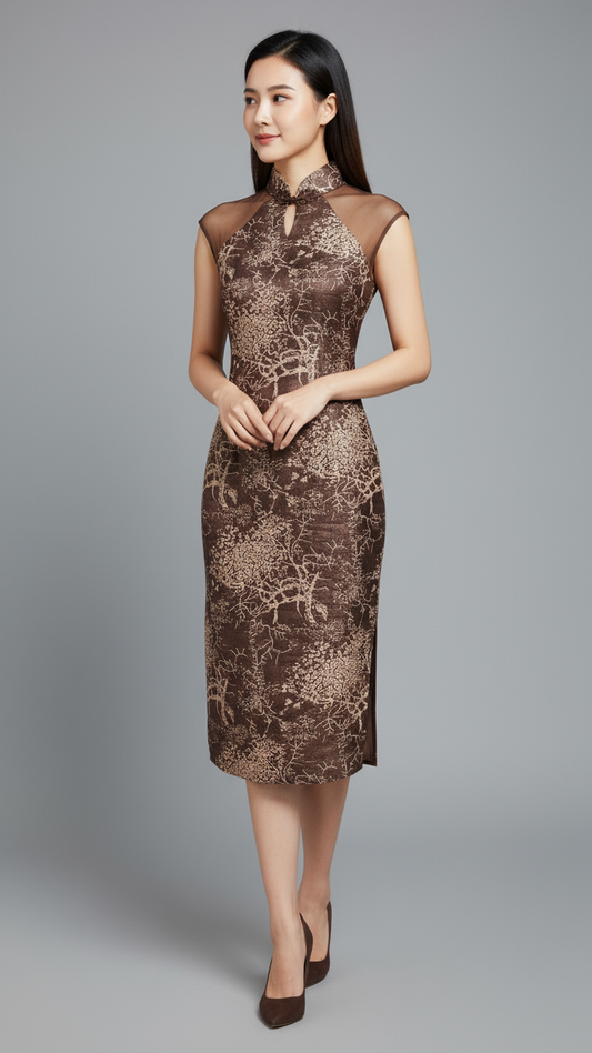 Bronze & Light Brown Brocade Cheong Sam