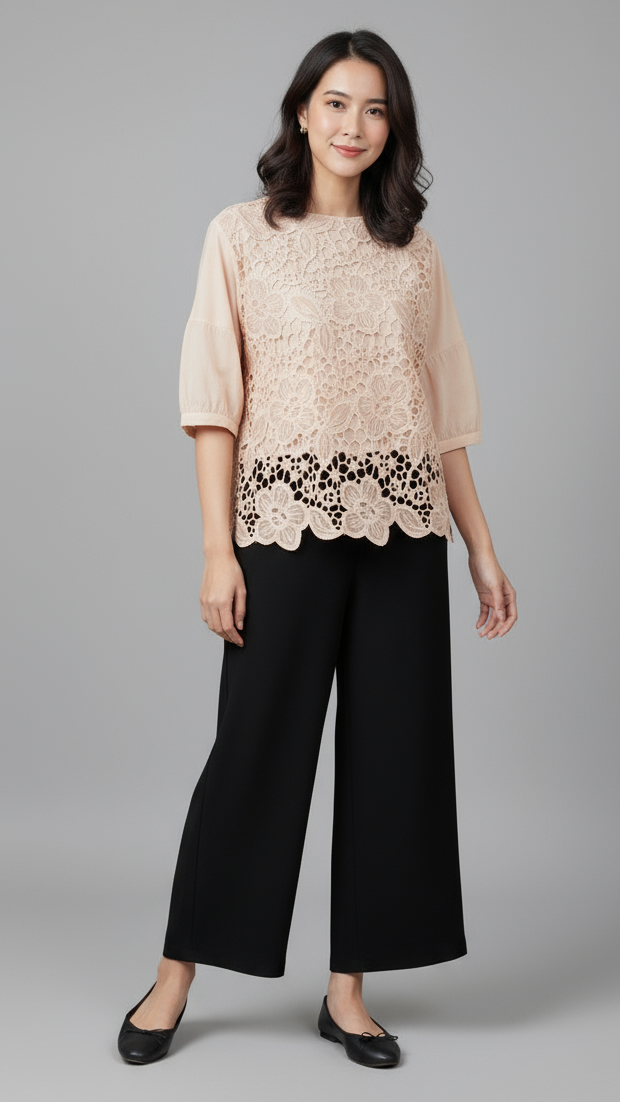 Light Beige Floral Lace Cotton Blouse Top